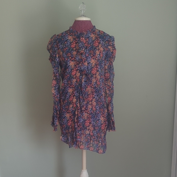 Misa Los Angeles Floral Blue and Orange Long Sleeve Mini Dress, US XS - Picture 1 of 6